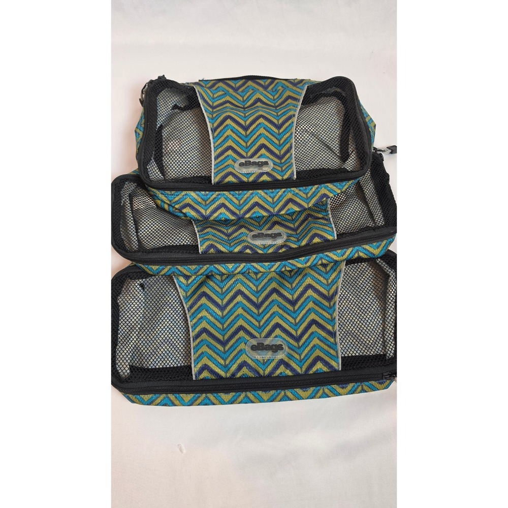 eBags Ultralight Packing Cubes 3pc Set Blue Green Chevron Luggage Organization